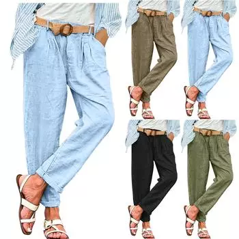 Женское льняное повседневное прямое платье с высокой талией и широкими штанинами, хлопковые льняные брюки, брюки на пуговицах XXL чёрный