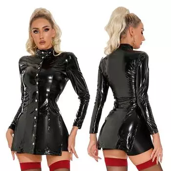 Женское латексное клубное вечернее платье в стиле стимпанк, кожаная мотобайкерская клубная одежда с воротником-стойкой на пуговицах и высоким разрезом, мини облегающая куртка L