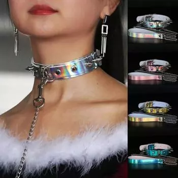 Женское лазерное колье-чокер с заклепками из искусственной кожи и секс-поводком, ювелирные изделия для ночного клуба розовый