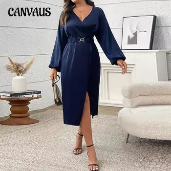 Женское легкое элегантное платье с перекрестным воротником больших размеров средней длины для весны и осени с разрезом в один шов 1XL синий