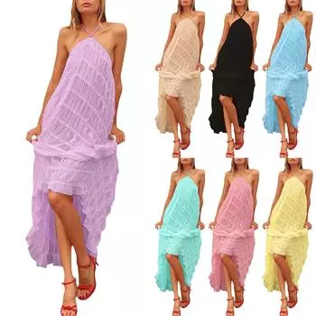 Женское легкое дышащее сплошное сексуальное кружевное свободное платье для отпуска на берегу моря L чёрный