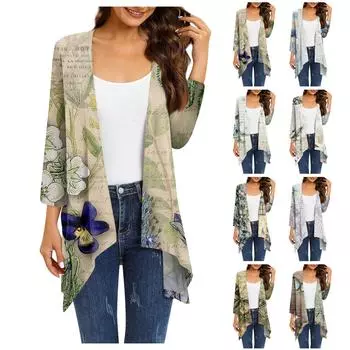 Женское легкое и тонкое пальто, кардиган с принтом нестандартной формы с рукавами 3/4 и пальто с карманами XXL синий