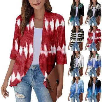 Женское легкое и тонкое пальто, кардиган с принтом и рюшами с рукавами три четверти XXXL циан