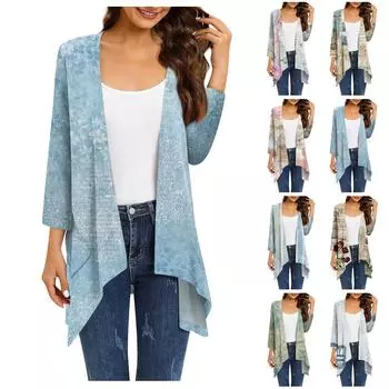 Женское легкое и тонкое пальто, кардиган с принтом нестандартной формы с рукавами 3/4 и пальто с карманами XXXL зелёный