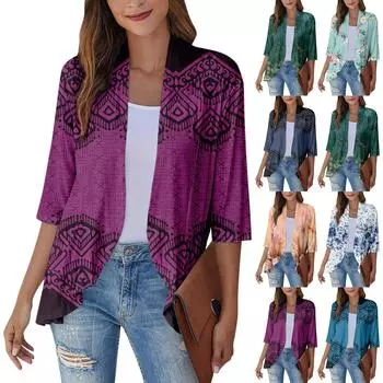 Женское легкое и тонкое пальто, кардиган с принтом и рюшами с рукавами три четверти M тёмно-синий