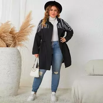 Женское легкое пальто средней длины На молнии с графическим принтом Свободная куртка с длинными рукавами Тонкий шнурок На открытом воздухе Активное пальто Дышащее Удобное пальто большого размера XL чёрный