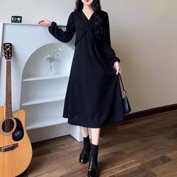 Женское легкое платье для зрелого стиля с французским V-образным вырезом и длинными рукавами, дизайнерское платье Sense of Kinky Meat Cover M чёрный