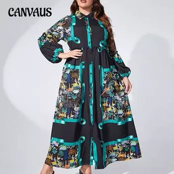 Женское легкое роскошное платье-фонарик с длинным рукавом и круглым вырезом, приталенное, однобортное, с принтом, элегантное платье больших размеров 0XL чёрный