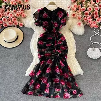 Женское легкое роскошное шифоновое платье с принтом Celebrity, темпераментное платье с оборками и вырезом «рыбий хвост» M чёрный