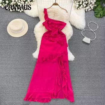 Женское легкое роскошное темпераментное платье без бретелек с одной стороны, приталенное, с разрезом, А-силуэта, с оборками S розы красного