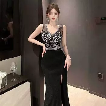 Женское легкое роскошное темпераментное вечернее платье с разрезом S чёрный