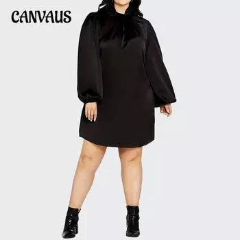 Женское легкое свободное платье для зрелых женщин большого размера, осеннее платье-миди с воротником-стойкой и длинными рукавами 1XL чёрный