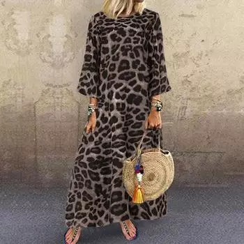 Женское леопардовое праздничное платье макси с длинными рукавами, повседневное, свободное, большого размера S кофейный