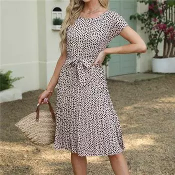 Женское леопардовое вишневое кружевное плиссированное платье весна-лето средней длины с коротким рукавом S вишня