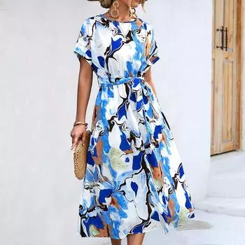 Женское летнее элегантное цельное платье с коротким рукавом и круглым вырезом с принтом на талии S оранжевый