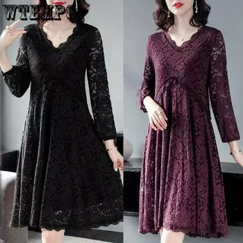Женское летнее элегантное кружевное платье с v-образным вырезом, темпераментное платье средней длины с однотонным дном M чёрный