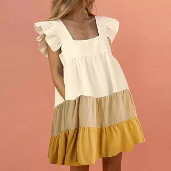 Женское летнее элегантное мини-платье с квадратным воротником и рукавами-оборками, повседневные свободные платья с карманами S белый