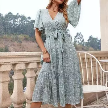 Женское летнее элегантное платье, модное платье с V-образным вырезом и коротким рукавом, цветочное платье, вечерние платья S зелёный