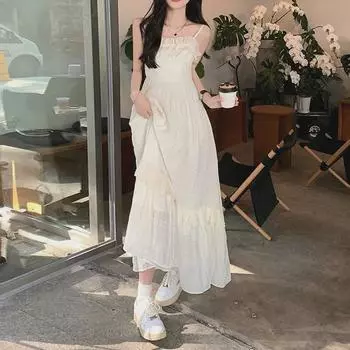 Женское летнее элегантное платье на французских подтяжках - стиль Sweet First Love с талией в форме ушка S грязно-белый