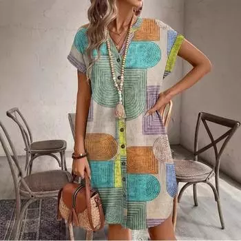 Женское летнее элегантное платье с геометрическим принтом, V-образным вырезом и застежкой на пуговицы на рукавах S