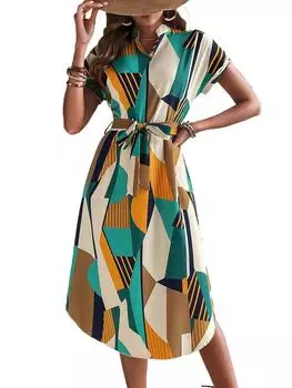 Женское летнее элегантное платье с принтом по всей поверхности, рукавами «летучая мышь», поясом, модная женская одежда S жёлтый/зелёный