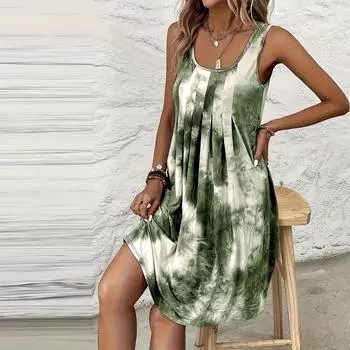 Женское летнее элегантное пляжное платье свободного кроя на тонких бретельках для отпуска S зелёный