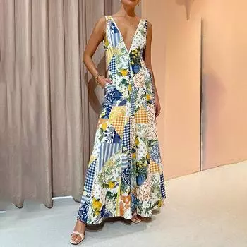 Женское летнее элегантное повседневное платье без рукавов с v-образным вырезом и принтом S жёлтый