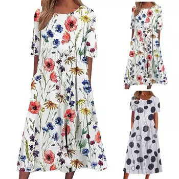 Женское летнее элегантное повседневное платье с круглым вырезом и коротким рукавом с принтом L чёрный