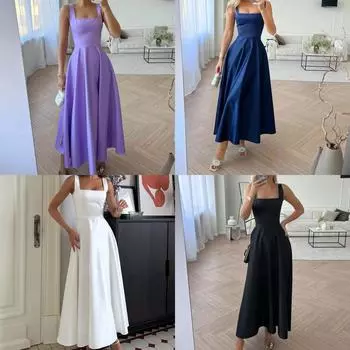 Женское летнее атласное платье трапециевидной формы без рукавов с квадратным вырезом для вечеринок, винтажное модное винтажное атласное платье с лямкой на шее, вечернее платье