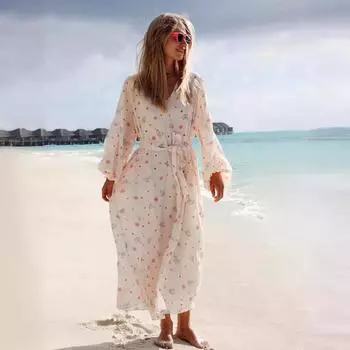 Женское летнее этническое принтованное платье с длинными рукавами и высокой талией, А-силуэт, со шнуровкой S розовый