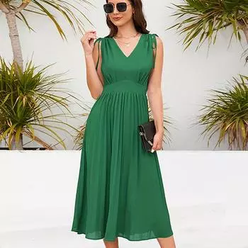 Женское летнее бандажное платье без рукавов с V-образным вырезом, однотонное шифоновое цельное платье S чёрный