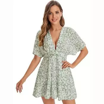 Женское летнее бандажное платье с коротким рукавом и глубоким V-образным вырезом с цветочным принтом и открытой спиной S светло-зеленый