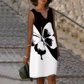 Женское летнее белое платье с v-образным вырезом и принтом бабочки, повседневное модное платье без рукавов, повседневное свободное сексуальное платье размера плюс XS-8XL XS белый