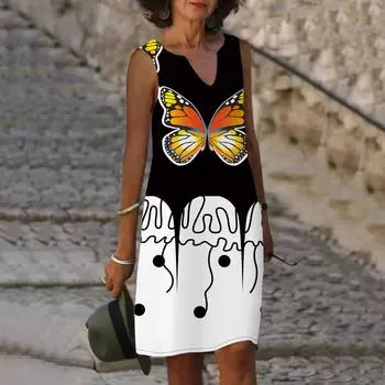 Женское летнее белое платье с v-образным вырезом и принтом бабочки, повседневное модное платье без рукавов, повседневные свободные сексуальные платья размера плюс XS-8XL XS фиолетовый