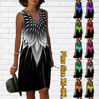 Женское летнее белое платье с V-образным вырезом и перевернутым треугольным принтом листьев, повседневное модное платье без рукавов, повседневные свободные сексуальные платья размера плюс XS-8XL 7XL синий