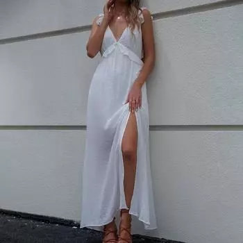 Женское летнее белое сексуальное платье с v-образным вырезом и открытой спиной, однотонное, без рукавов, универсальное платье с разрезом и бантом, S-XL S белый