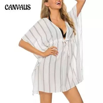 Женское летнее бикини большого размера в полоску с завязками на загаре, пляжное платье-накидка S белый