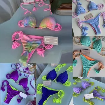 Женское летнее бикини с подушечками для бюстгальтера и без поддержки бюстгальтера, винтажный сплошной цвет, раздельный купальник L зелёный