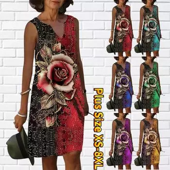 Женское летнее блестящее красное платье с v-образным вырезом и цветочным принтом, повседневное модное платье без рукавов, повседневное свободное сексуальное платье размера плюс XS-8XL XS красный