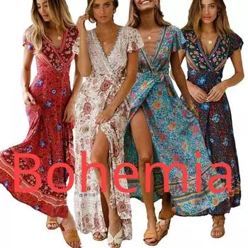 Женское летнее богемное платье, пляжное платье с открытой запахом, платье в стиле бохо с глубоким V-образным вырезом, отпускное платье с короткими рукавами и цветочным принтом, длинное платье макси XS темно-синий
