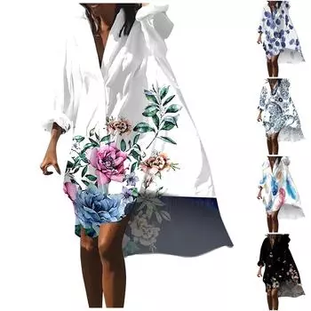 Женское летнее богемное платье, повседневное платье-рубашка с принтом для женщин, модное пляжное гавайское платье с длинным рукавом, Клубная одежда на пуговицах L чёрный