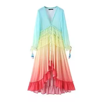 Женское летнее богемное платье с принтом, элегантное платье макси с градиентом, лоскутное праздничное платье цвета радуги, милые платья с оборками
