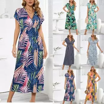 Женское летнее богемное повседневное платье с v-образным вырезом и открытой спиной L чёрный