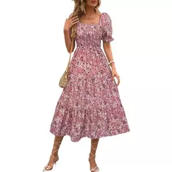 Женское летнее бохо повседневное платье с рукавами-фонариками и квадратным воротником с цветочным принтом S розовый