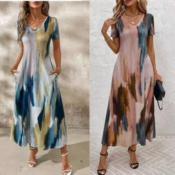 Женское летнее бохо-повседневное платье с коротким рукавом и V-образным вырезом с принтом в виде праздничного цельного платья S синий