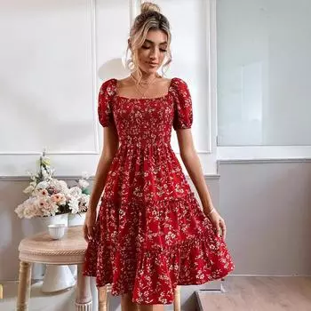 Женское летнее бохо-повседневное платье с коротким рукавом и квадратным воротником с цветочным принтом S красный