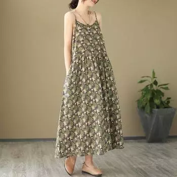 Женское летнее большое распашное длинное платье с цветочным принтом, сексуальные хлопковые льняные платья на бретельках с принтом M