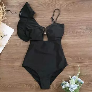 Женское летнее цельное бикини, сексуальное, с глубоким v-образным вырезом, без рукавов, монокини с рюшами и полыми тропическими листьями и принтом, купальники, пляжная одежда S чёрный