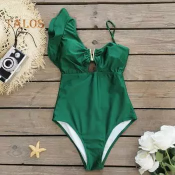 Женское летнее цельное бикини, сексуальное, с глубоким v-образным вырезом, без рукавов, монокини с рюшами и полыми тропическими листьями и принтом, купальники, пляжная одежда S чёрный