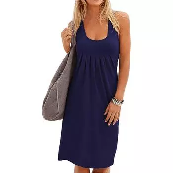 Женское летнее цельное платье без рукавов с U-образным воротником, праздничное пляжное сплошное цветное платье S темно-синий